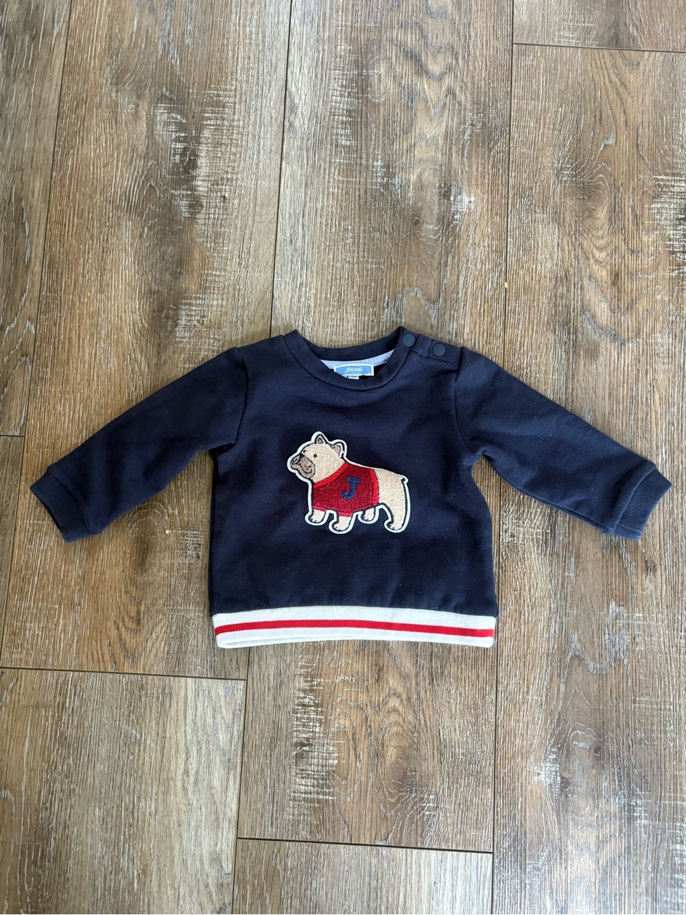 Jacadi Navy Sweatshirt with Bulldog Appliqué and Red Accent
